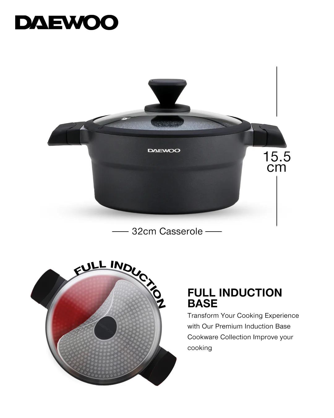 Daewoo Granite Casserole With Lid - 32 Cm - Black