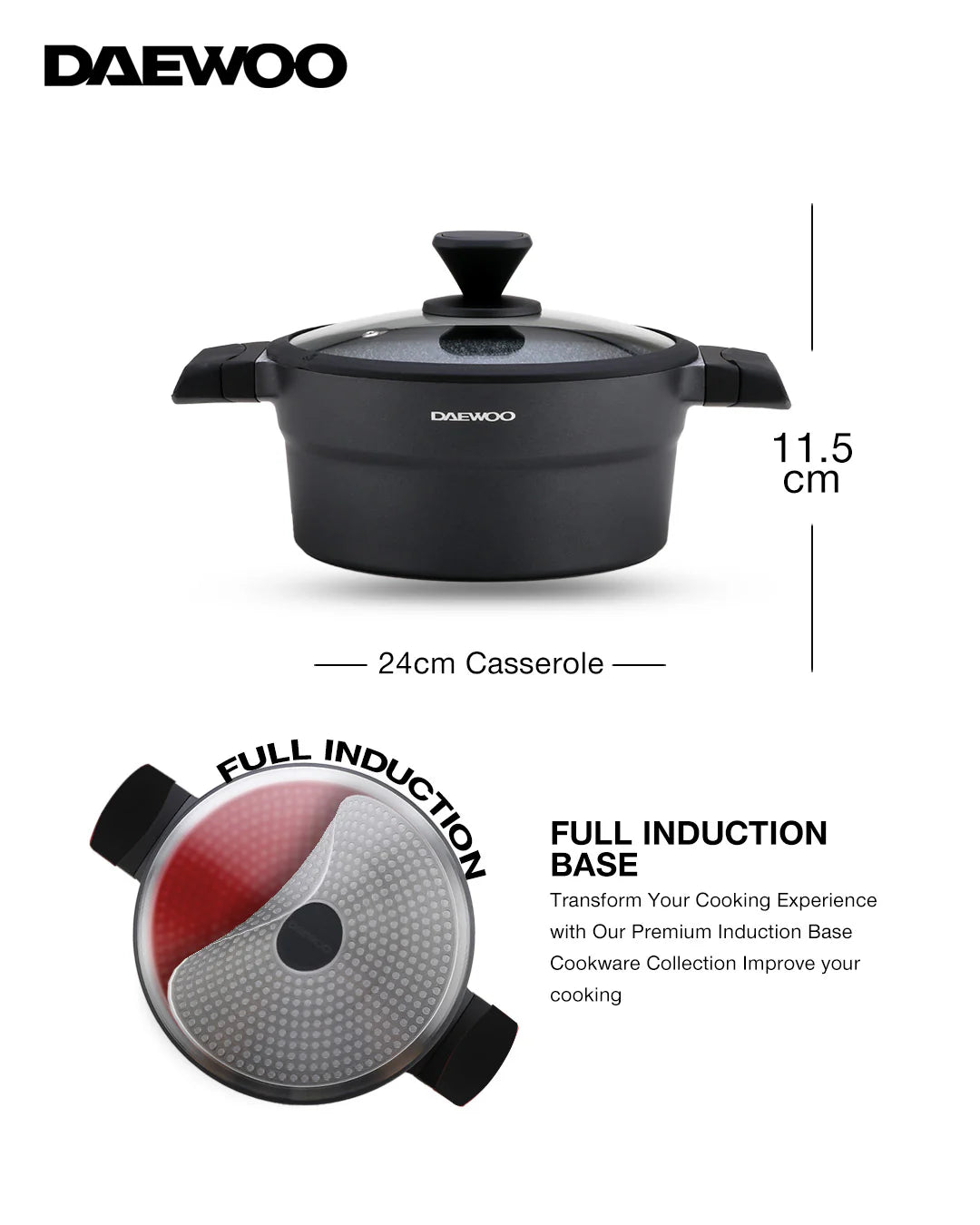 Daewoo Granite Casserole With Lid - 24 Cm - Black