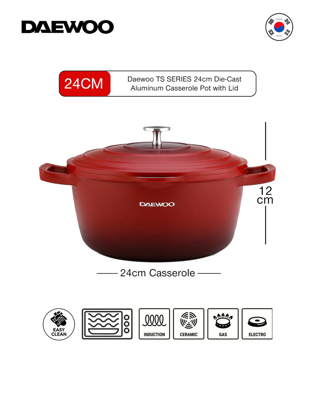 Daewoo Granite Casserole With Lid - Size 24 Cm - Red