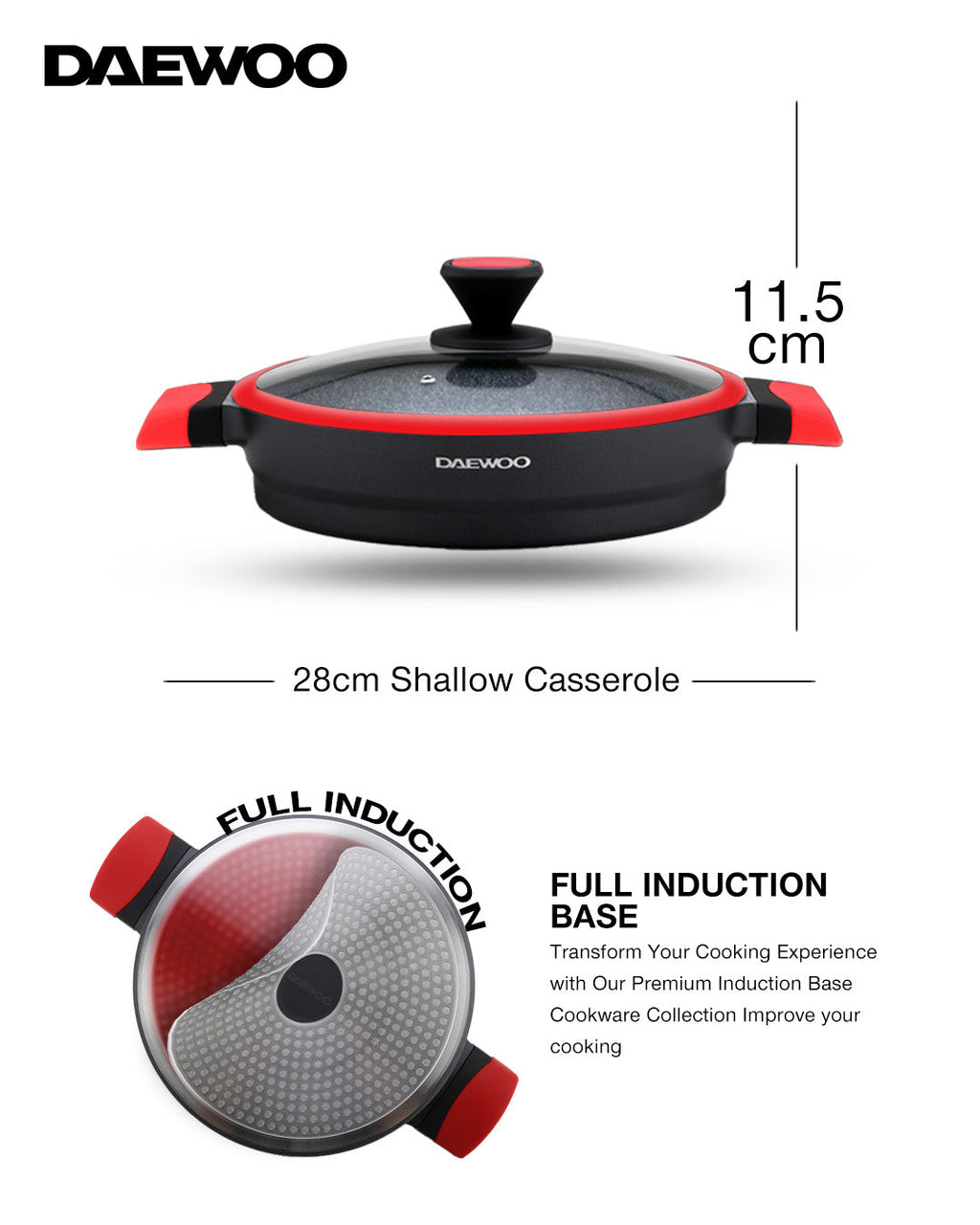 Daewoo 28 cm Shallow Granite Casserole with Lid - Red/Black