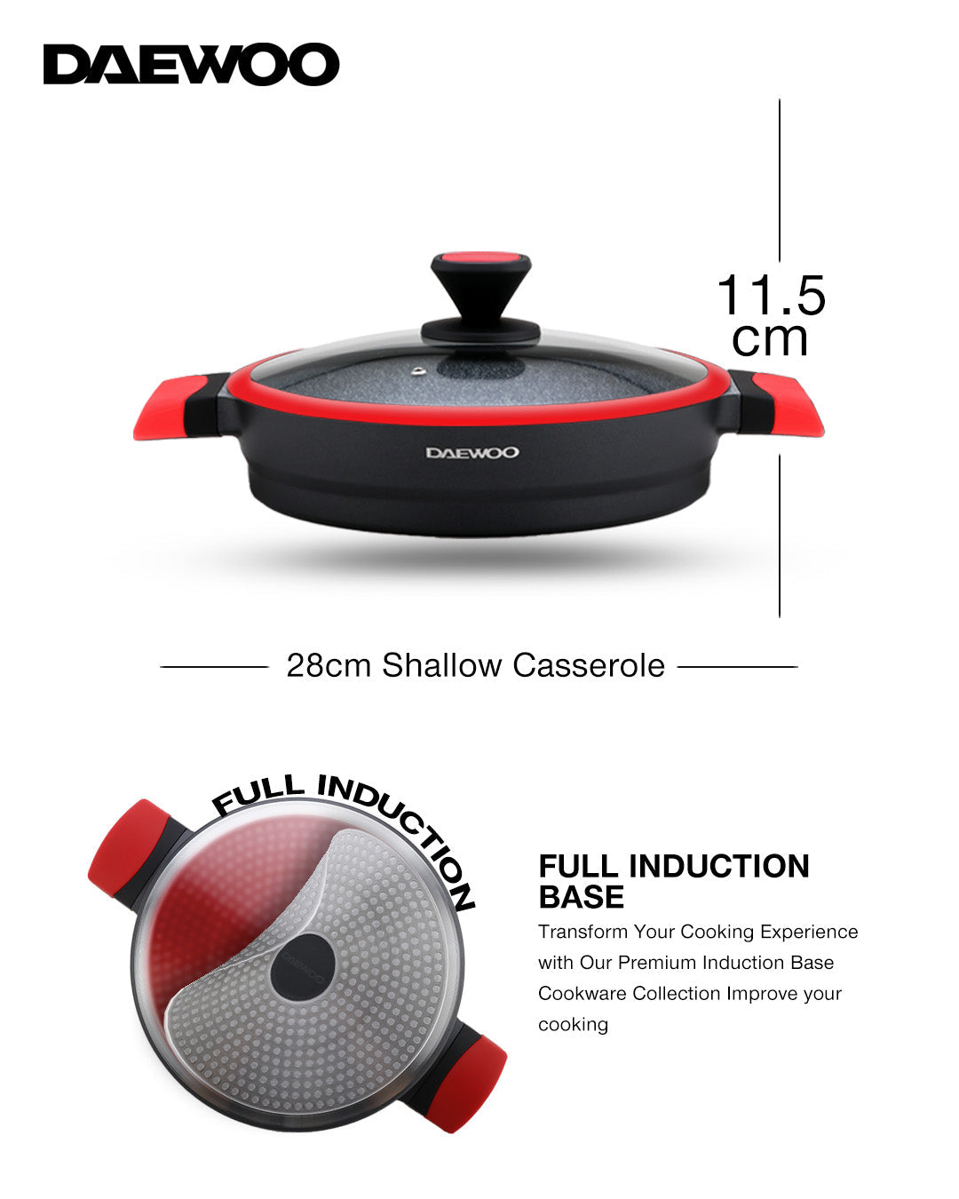 Daewoo 28 cm Shallow Granite Casserole with Lid - Red/Black