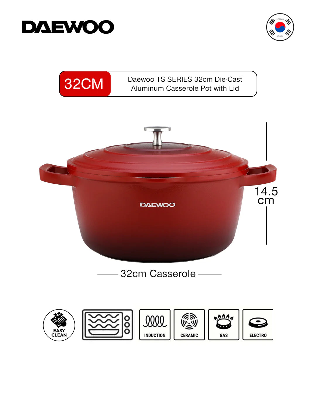 Daewoo Granite Casserole With Lid - 32 Cm - Red