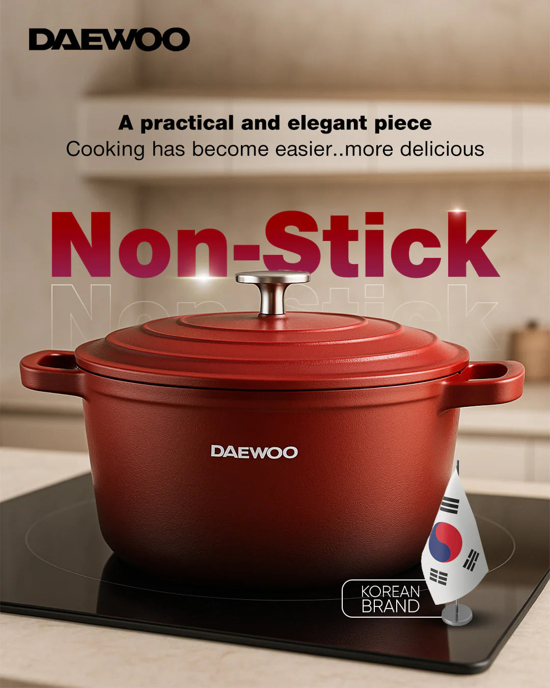 Daewoo Granite Casserole With Lid - Size 24 Cm - Red