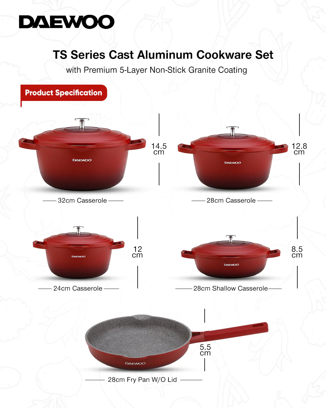 Daewoo TS Series Granite Cooking Set Of 9 Pcs - Red