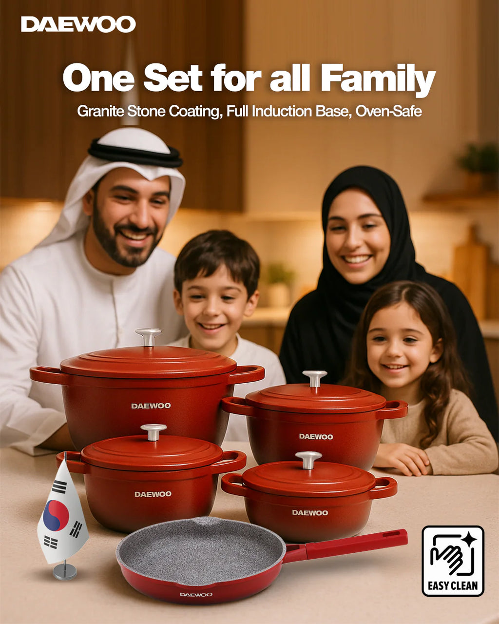 Daewoo 28 Cm Shallow Granite Casserole With Lid - Red