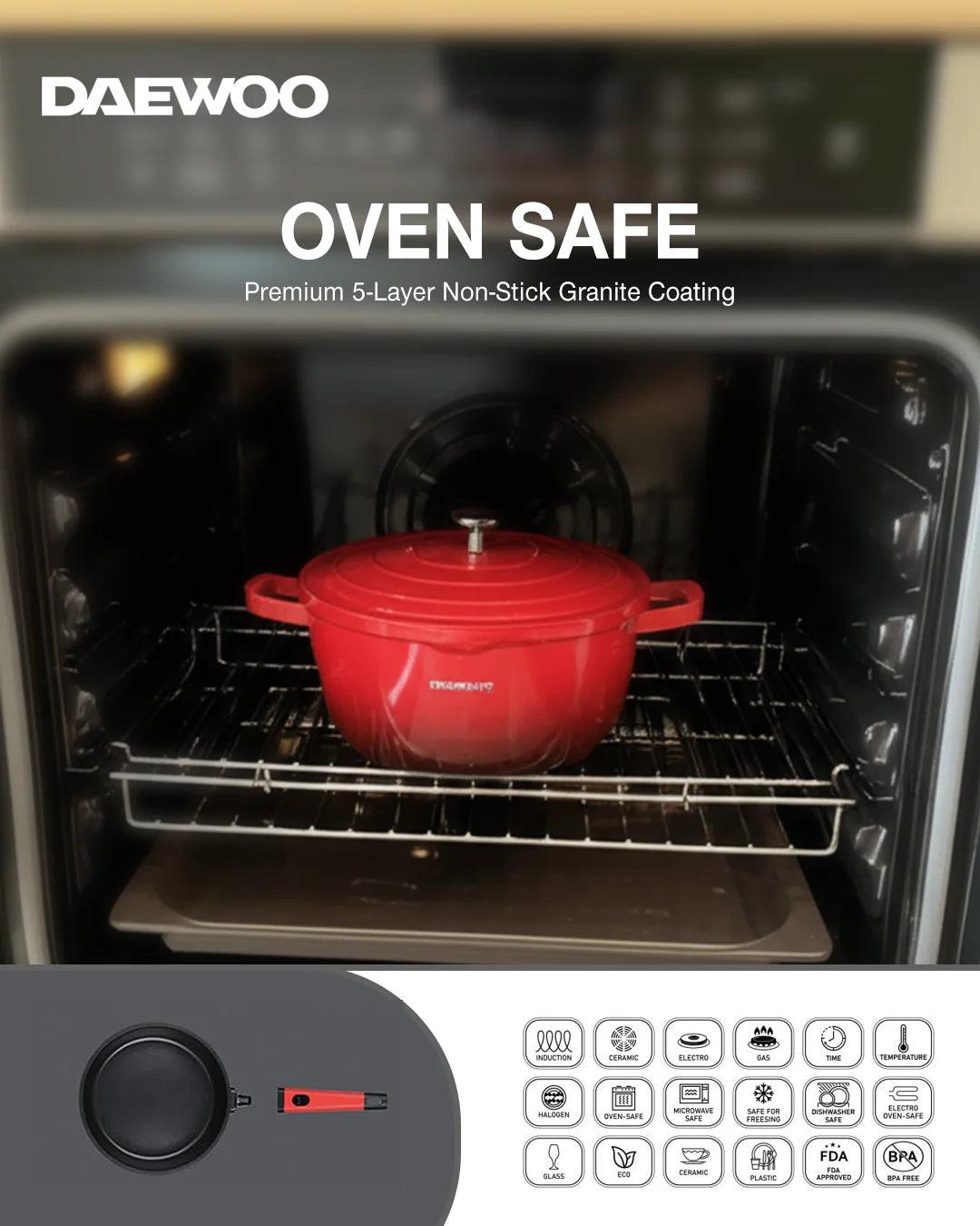 Daewoo Granite Casserole With Lid - Size 24 Cm - Red