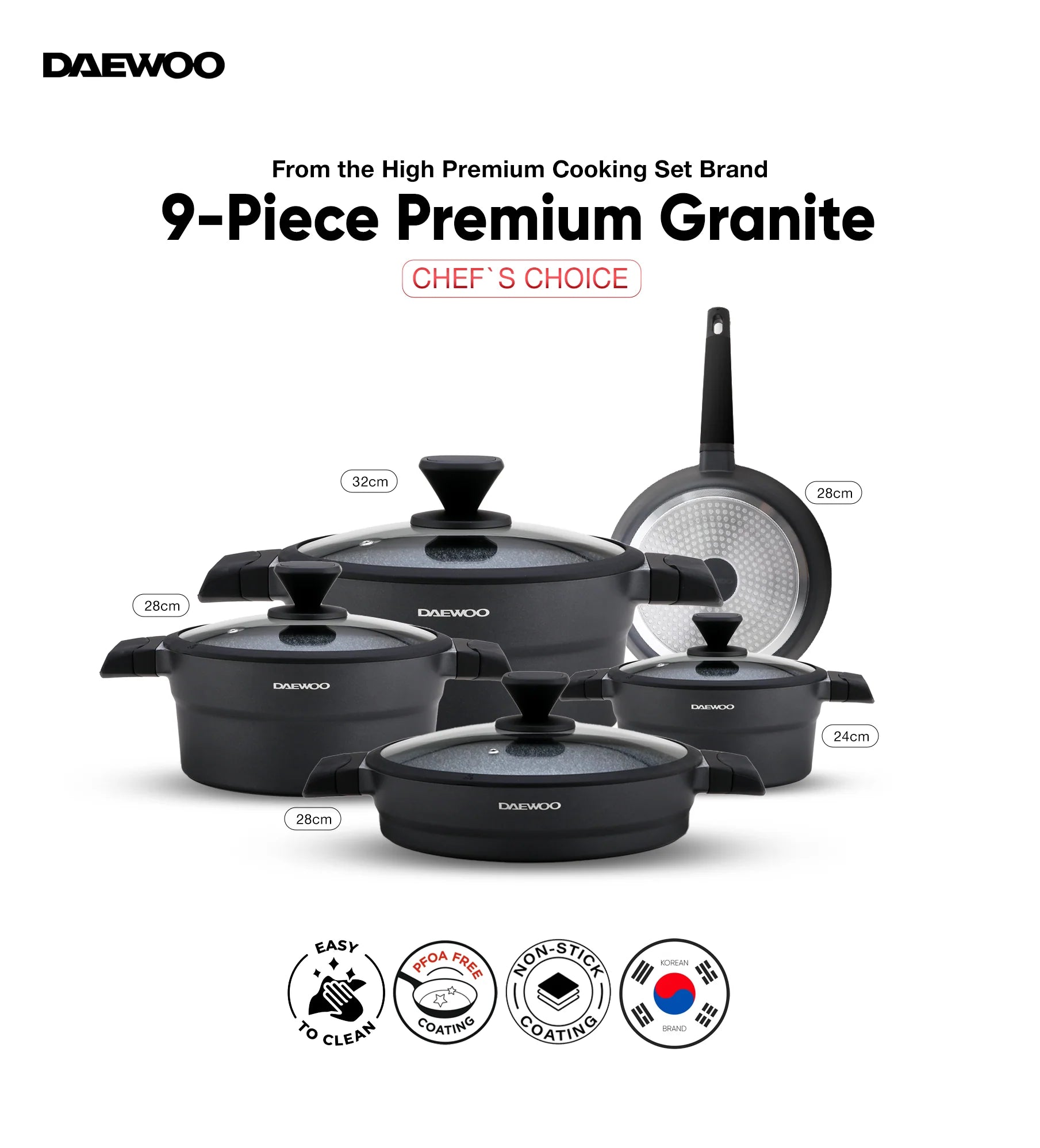 Daewoo Granite Casserole With Lid - 24 Cm - Black