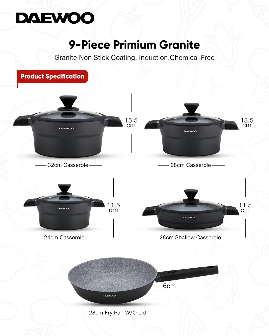Daewoo Granite Casserole With Lid - 28 Cm - Black