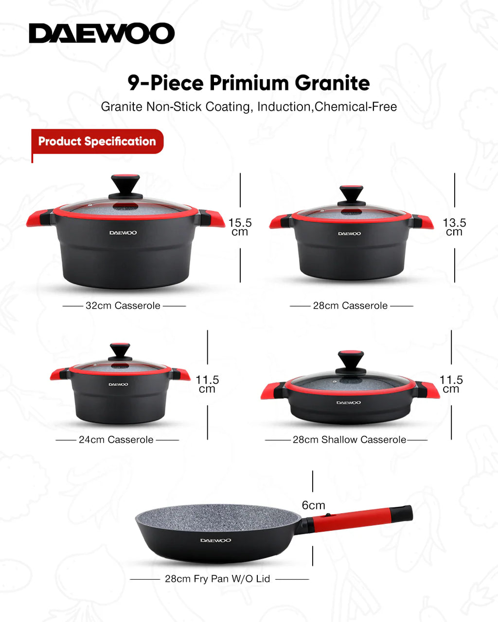 Daewoo X Series 9-Piece Granite Cooking Set - Black/Red