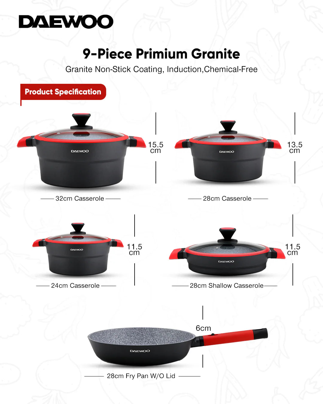 Daewoo X Series 9-Piece Granite Cooking Set - Black/Red