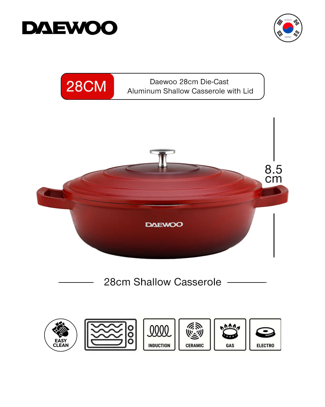 Daewoo 28 Cm Shallow Granite Casserole With Lid - Red