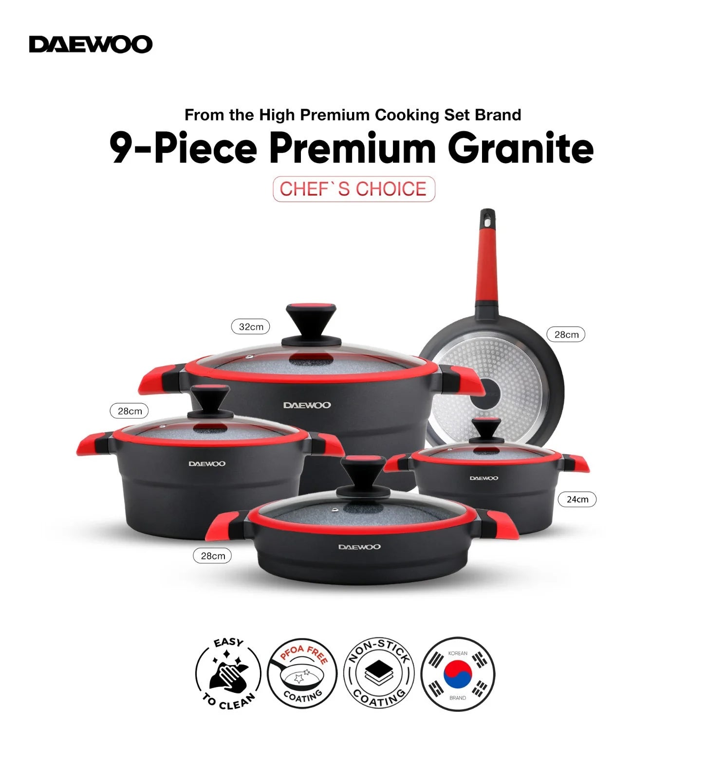 Daewoo X Series 9-Piece Granite Cooking Set - Black/Red